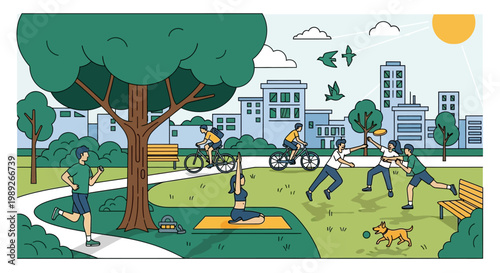 Diverse people enjoying outdoor activities in a sunny city park, promoting healthy lifestyle and community.