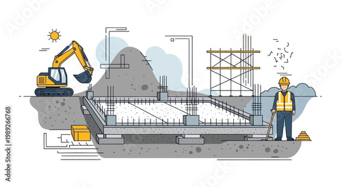 Construction Site with Excavator, Worker, and Building Foundation