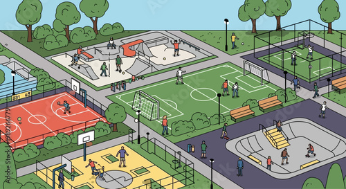 Diverse Urban Sports Park: Skateboarding, Basketball, Soccer, and More