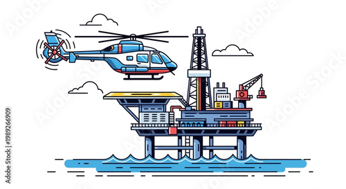 Offshore Oil Rig with Helicopter Landing Pad and Flying Helicopter