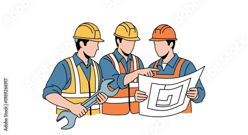 Construction Team Planning Project with Blueprint and Wrench