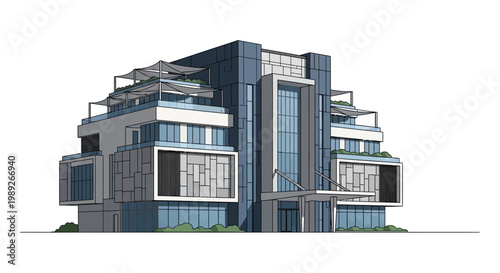 Modern Architectural Building Design with Terraces and Glass Facade