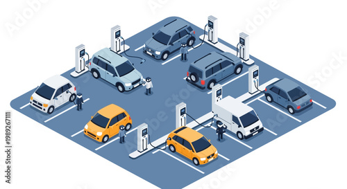 Isometric illustration of an electric vehicle charging station with various cars connected to power points, depicting modern sustainable transport infrastructure