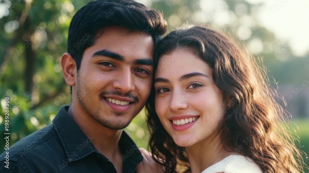 Naklejka premium Young couple posing and smiling in green park setting