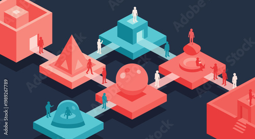 Isometric visualization of a complex abstract network system featuring interconnected architectural structures and small human figures, symbolizing data flow, strategy, and collaboration