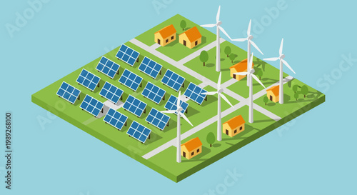 Isometric smart city concept a sustainable community powered by clean renewable energy from solar panels and wind turbines, promoting eco-friendly urban development