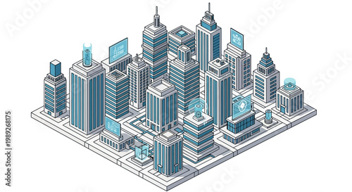 Isometric cityscape illustration with modern skyscrapers and digital screens, symbolizing smart city technology
