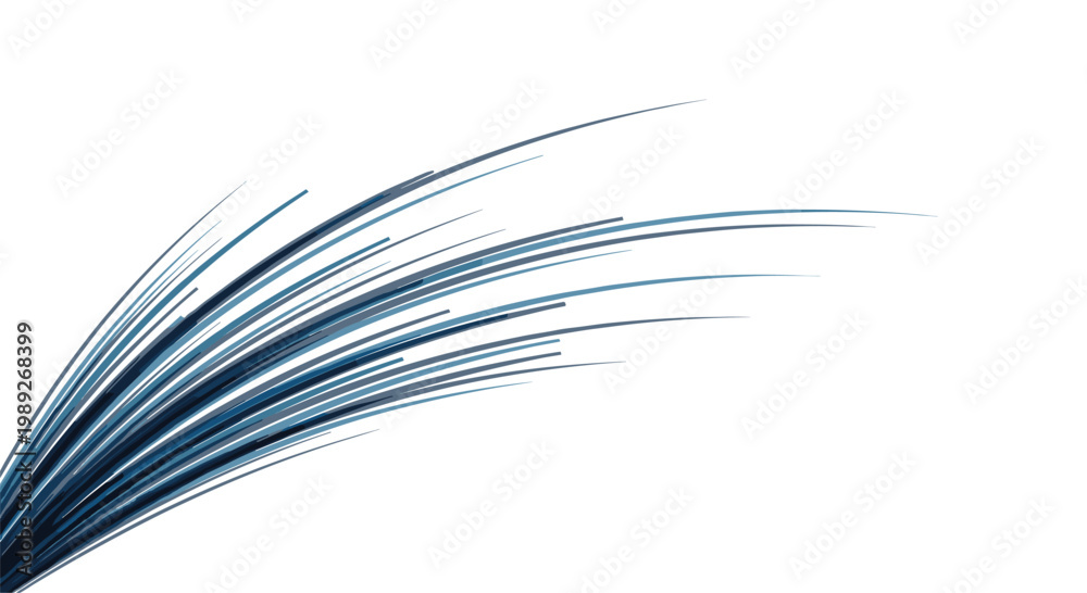 Fototapeta premium Dynamic abstract composition of thin blue curved lines sweeping across a white background representing speed, motion, and technology.