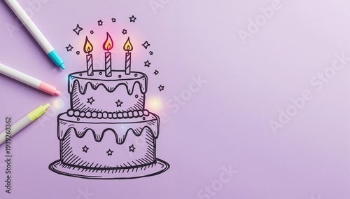 Hand-drawn Birthday Cake with Candles and Colorful Markers