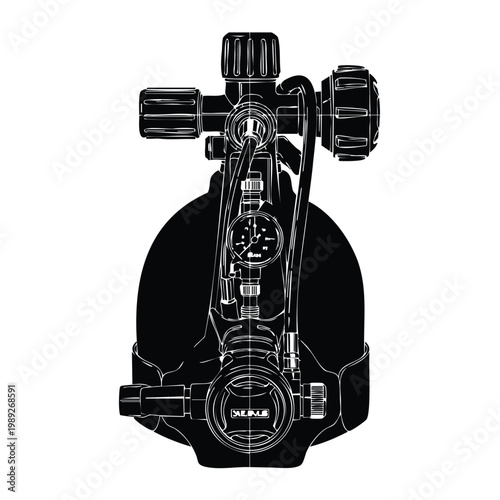 Scuba diving oxygen tank and regulator equipment silhouette set bundle.