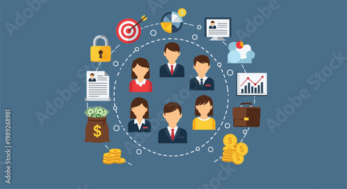 Business management infographic with a team of professional avatars in a circle surrounded by icons for goals, finance, and analysis.