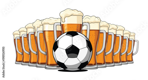 Sports bar concept featuring a black and white soccer ball placed in front of a row of overflowing beer mugs for match day celebrations.