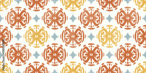 Ikat seamless pattern with geometric abstract ornament. Vector grunge textured aztec and aftican motif background. Traditional oriental decorative illustration