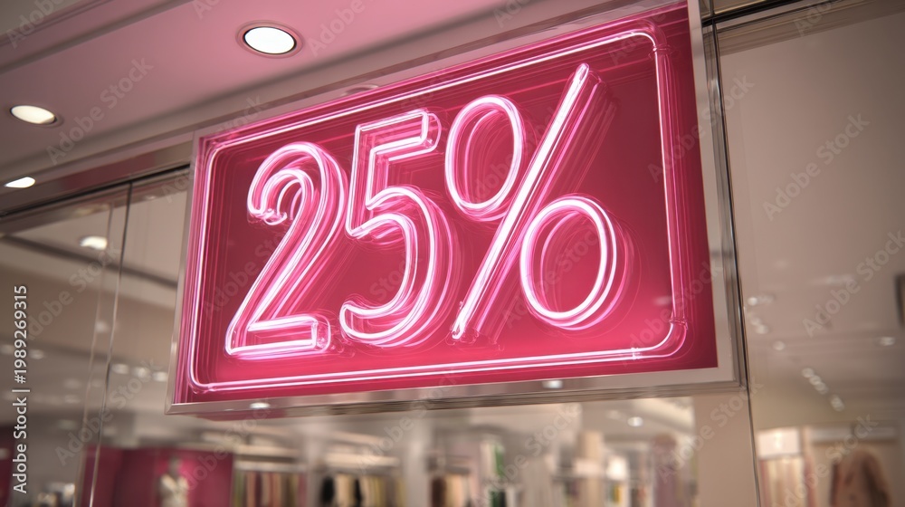 Obraz premium Bright Neon Sign Displaying Twenty-Five Percent Discount in Retail Storefront, Eye-Catching Marketing Promotion