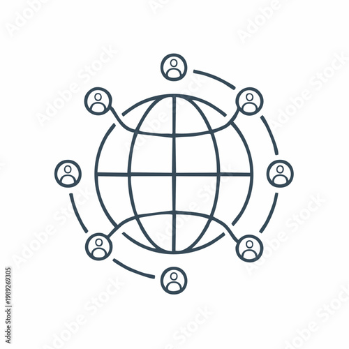 Global network of interconnected people icons surrounding a stylized earth globe, representing worldwide communication and community.