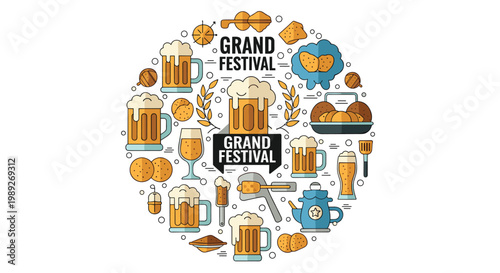 Festive beer and snacks collection arranged in a circle with the text grand festival for oktoberfest and brewery themed events.
