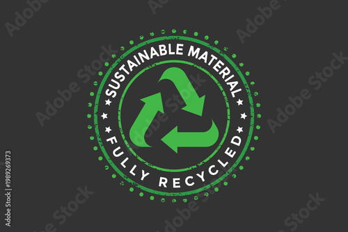 Sustainable material circular label with a central recycling symbol and stars surrounded by a decorative border on a dark grey background for branding
