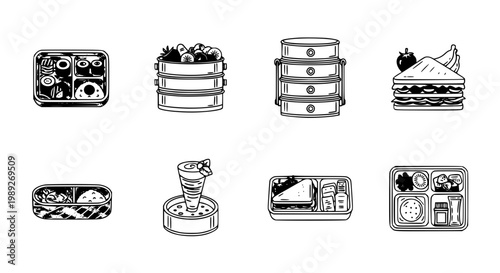 International lunchbox icons with Japanese bento Indian tiffin and Western meal containers vector