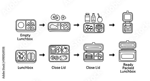 Lunchbox packing process icons step by step with food arrangement closing and ready meal vector