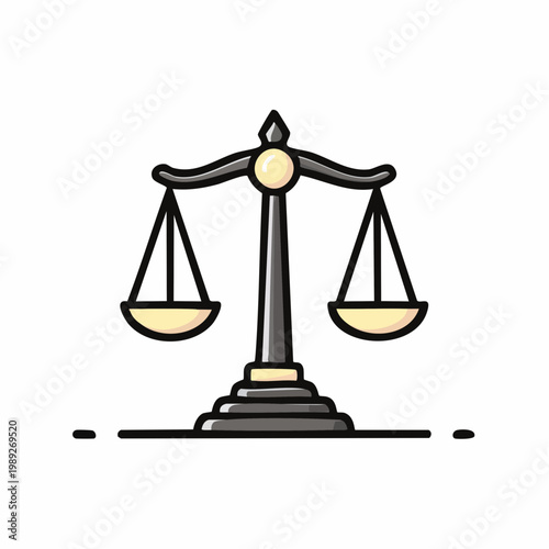 Stylized illustration of a classic balance scale with two pans, symbolizing justice, law, and equilibrium on a white background.