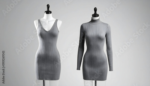 Knit top and matching bodycon skirt on a ghost mannequin showing detailed vertical ribbing and light on the grey ridges generative AI