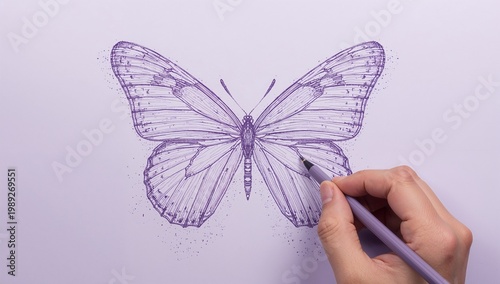 Hand Drawing a Detailed Purple Butterfly on White Background