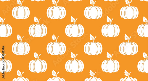 Seamless pattern with white outline pumpkins on a solid orange background for autumn, Thanksgiving, and Halloween seasonal themes.