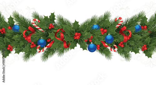 Festive Christmas garland border with evergreen branches, holly leaves, red berries, candy canes, and blue ornaments on white backdrop.