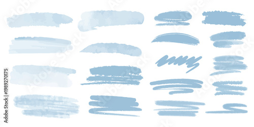 Set pastel  delicate blue watercolor stain. Translucent brushstrokes of light cloud paint  various shapes. Textured background in shades of sky, colored underlay, highlighting, underlining. Vector