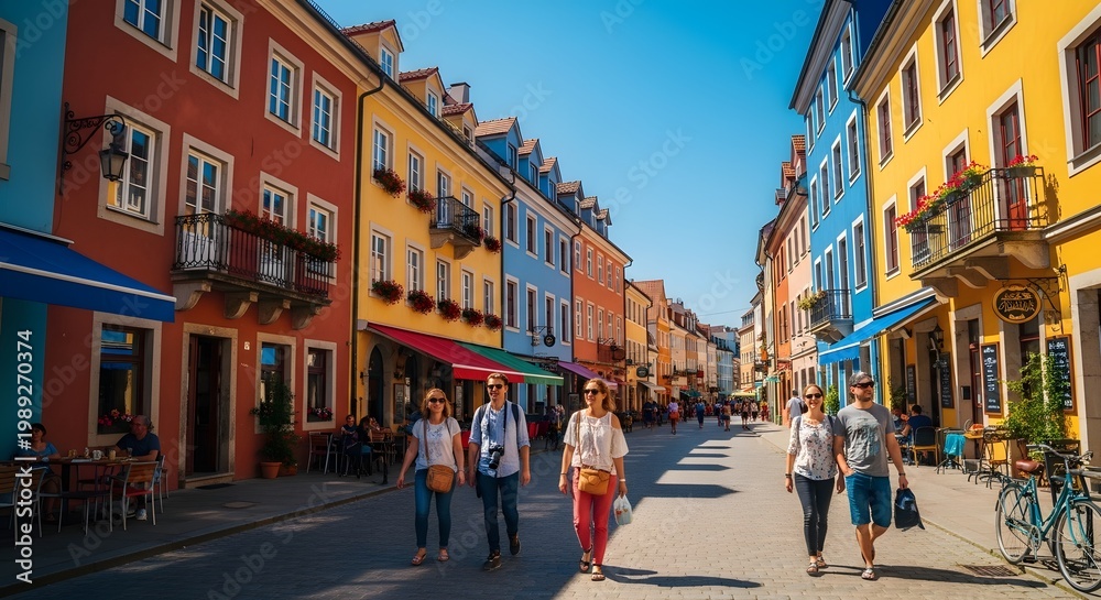 Fototapeta premium Vibrant European Street Scene with Colorful Buildings and Pedestrians.