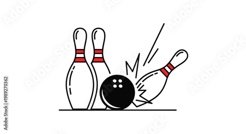 Bowling ball hitting three pins with a strike effect isolated on a white background for sports and leisure activities.
