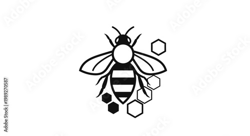 Stylized bee and honeycomb graphic icon, black and white, simple design