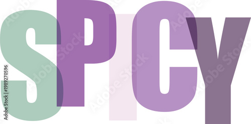 Bold overlapping letters spelling out the word SPICY in varying shades of purple and green
