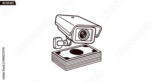 Surveillance Camera Monitoring Stack of Money on White Background