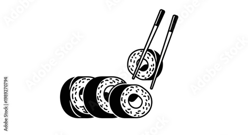 Sushi Rolls with Chopsticks, Japanese Food Illustration, Black and White