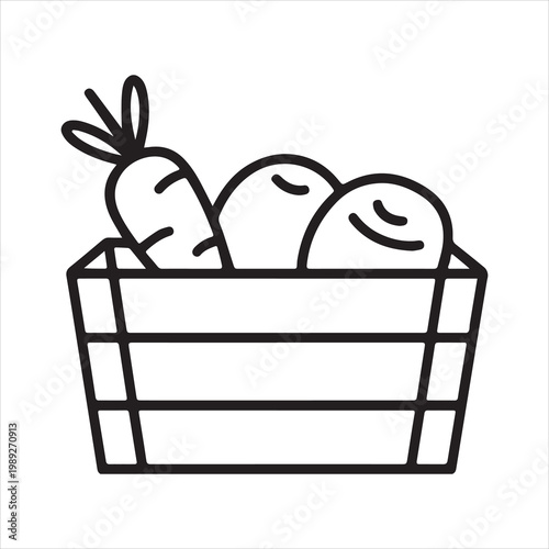 Simple outline drawing of fresh carrots and potatoes in a wooden crate