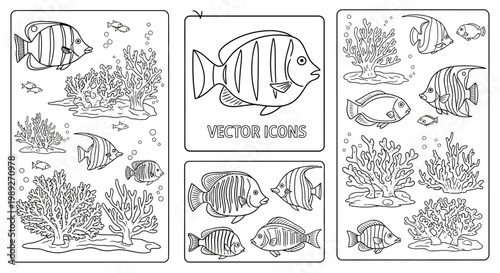 Underwater Scene Vector Icons: Fish and Coral Line Art