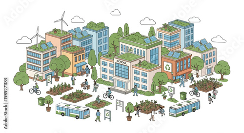 Eco-friendly city illustration with green buildings, renewable energy, and sustainable living