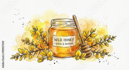 Golden wild honey clear glass jar with wooden dipper, framed by yellow flower branches. Natural sweetness, pure flavor, and delightful