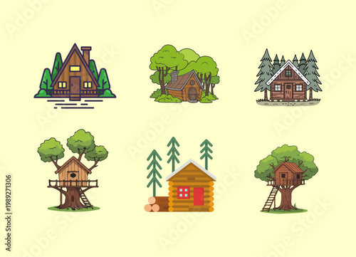 Set of various wooden cabins and treehouses in forest