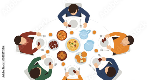 Overhead View: Diverse Group Enjoying a Communal Meal Around a Round Table