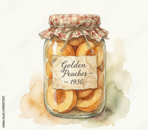 Watercolor illustration of vintage glass jar filled with sweet golden peach fruit preserve. Canning delicious homemade food evokes comforting