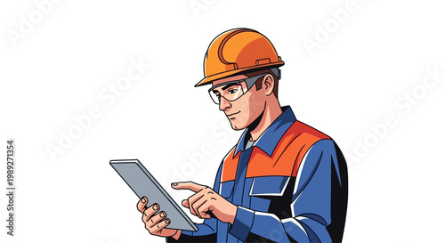 Construction worker in hard hat and safety glasses using tablet on white background