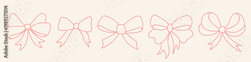 Cute delicate bows coquette style. Set hand-drawn outline of tied ribbons, clip art. Beautiful girlish accessory, vector graphic