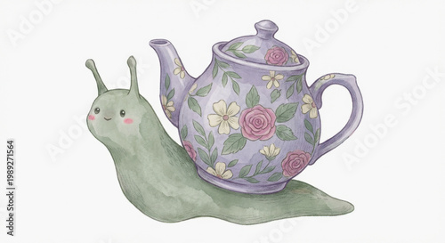 Whimsical green snail creature happily carries an antique purple floral teapot, an adorable fantasy illustration, bringing charm and delight