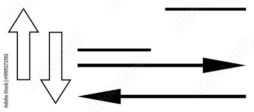 Directional signs, navigation, movement , decision-making, conceptual graphics, flow dynamics. Black and white arrows in opposing directions with horizontal lines. Navigation and movement ation