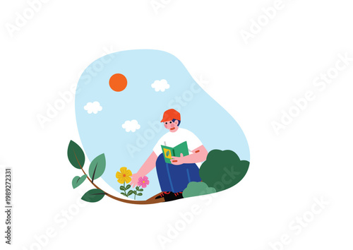 植物を観察する男性のイラスト