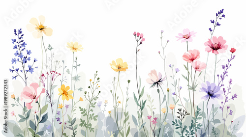 Dreamy watercolor garden featuring delicate petals in calming springtime hues