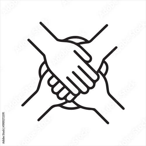 Four hands clasped together in a circle representing unity and teamwork