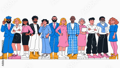 A diverse group of twelve people standing side-by-side in a horizontal row. The art style is clean and minimalist, using bold outlines and a consistent color palette of vibrant blue, soft pink, black.